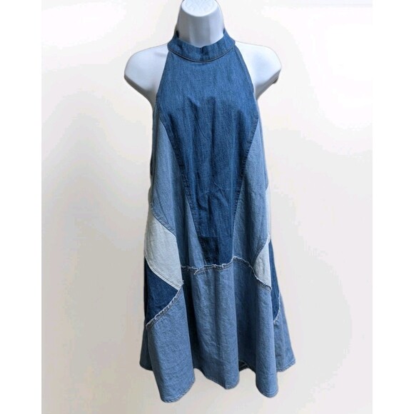 Free People Rising Sun Denim Mini Dress Halter 70s Open Back Hippie Festival Lrg - Picture 4 of 16